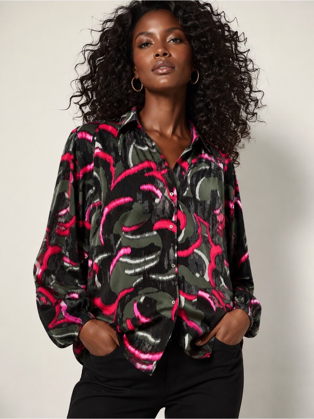 NIC+ZOE 2X Abstract Print Button Front Blouse Green Pink NWT Plus Si